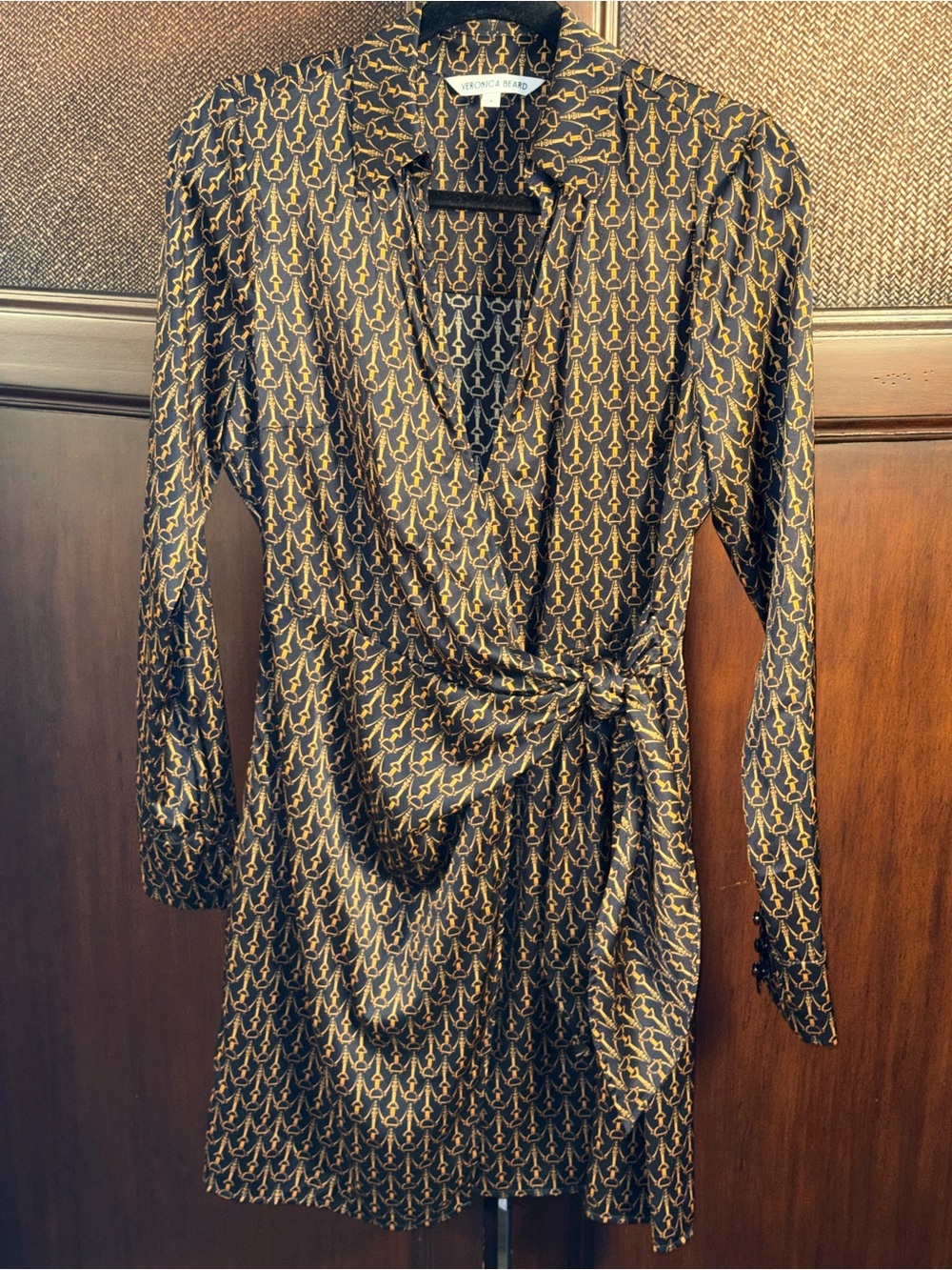 Veronica Beard Lavella Navy and Gold Patterned Long-Sleeve Wrap Dress